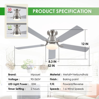 Ceiling Fans with Lights- 52" Low Profile Indoor Ceiling Fan with Light and Remote/APP Control, Flush Mount, LED Dimmable DC Reversible Modern Ceiling Fan for Bedroom（Black）