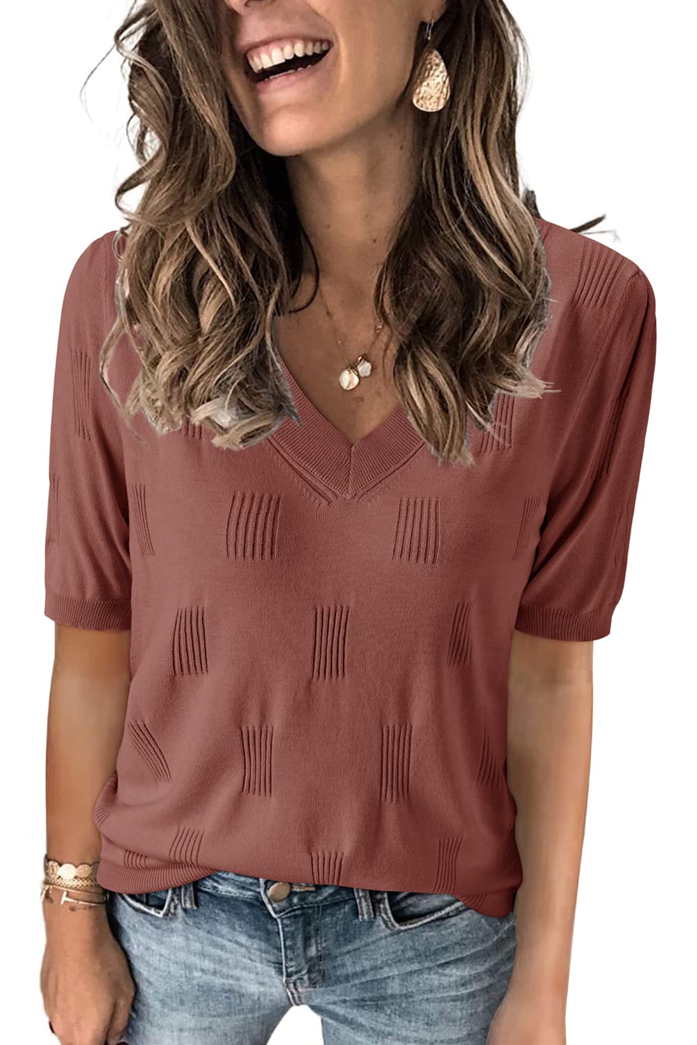 Arach&Cloz Women's Tops 2025 Spring Summer Short Sleeve Sweater Fashion Trendy Dressy Casual Outfit Versatile Knit Blouse