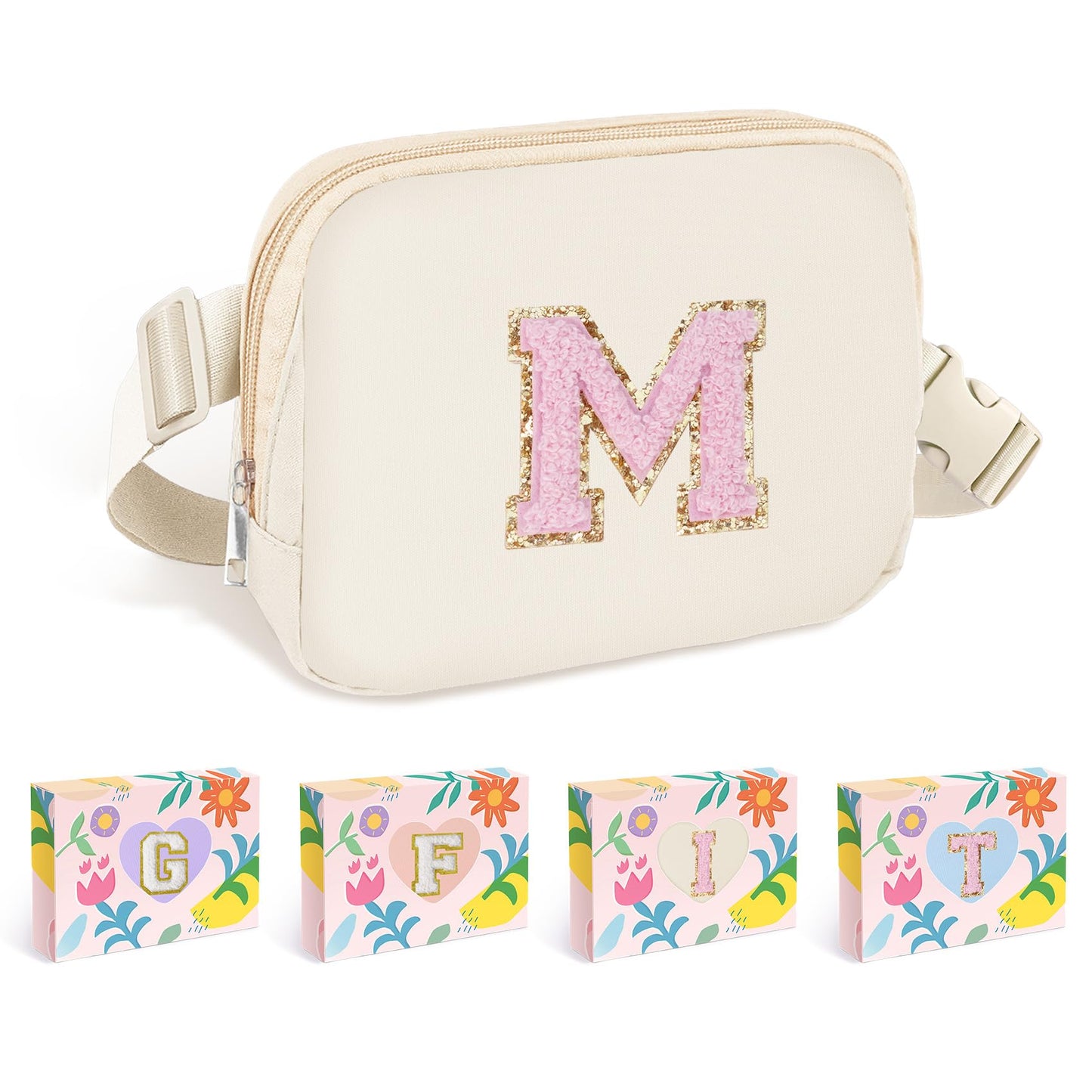 COSHAYSOO Pink Belt Bag Small Waist Fanny Pack Mini Crossbody Purse with Initial Preppy Letter Patch for Teen Girl Women Workout, Cross Body Chest Pouch Trending Birthday Gift Idea (S)