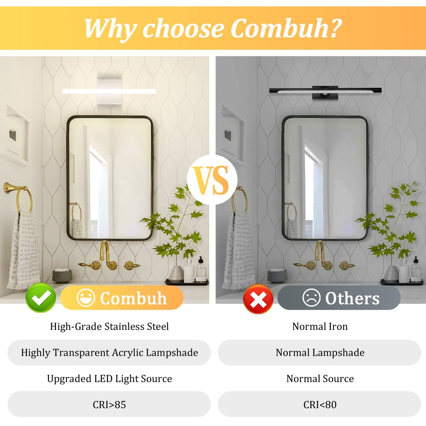 Combuh Modern Bathroom Light Fixtures Over Mirror 16 Inch IP44 9W Chrome Vanity Light Bar for Bathroom Wall Light Fixtures Cool White 6000K