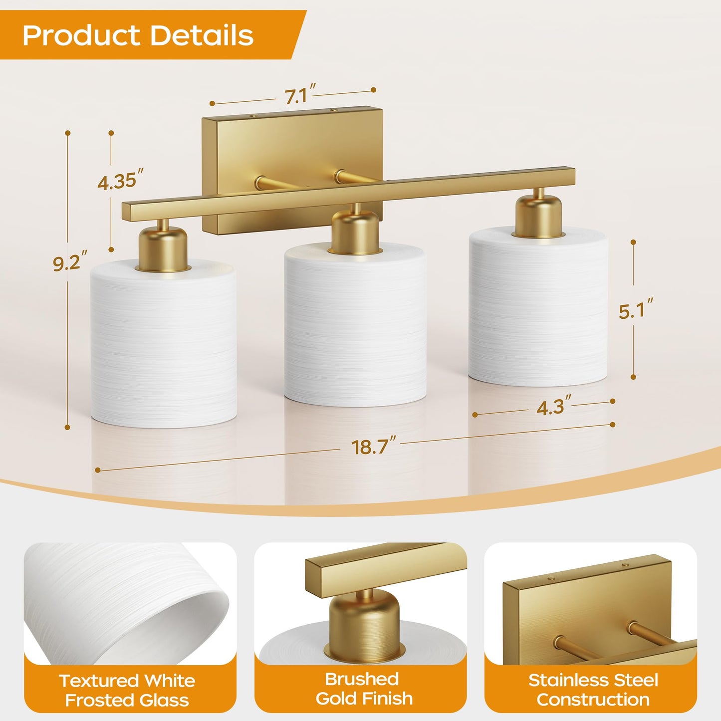 PARTPHONER Bathroom Light Fixtures, Bathroom Lighting Fixtures Over Mirror, Interior Classic Vanity Lights, Modern Bathroom Vanity Light with Textured White Glass Shade, Brushed Nickel, 3-Light