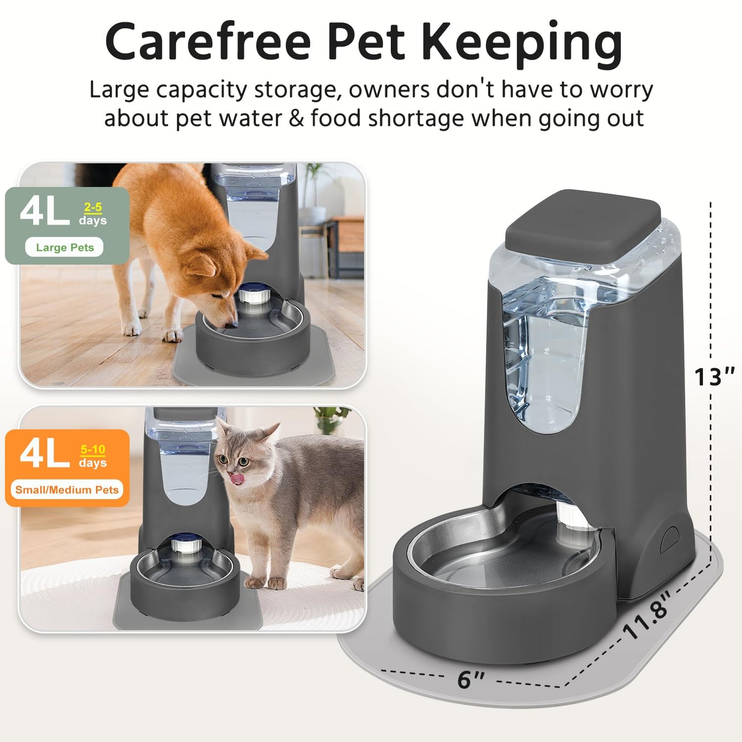 2 Pack Automatic Cat Feeder and Stainless Steel Water Dispenser, Gravity Dog Waterer Set Food Feeder and Waterer Set for Small Medium Kitten Puppy Pets(1 Gallon x 2, Charcoal Gray)
