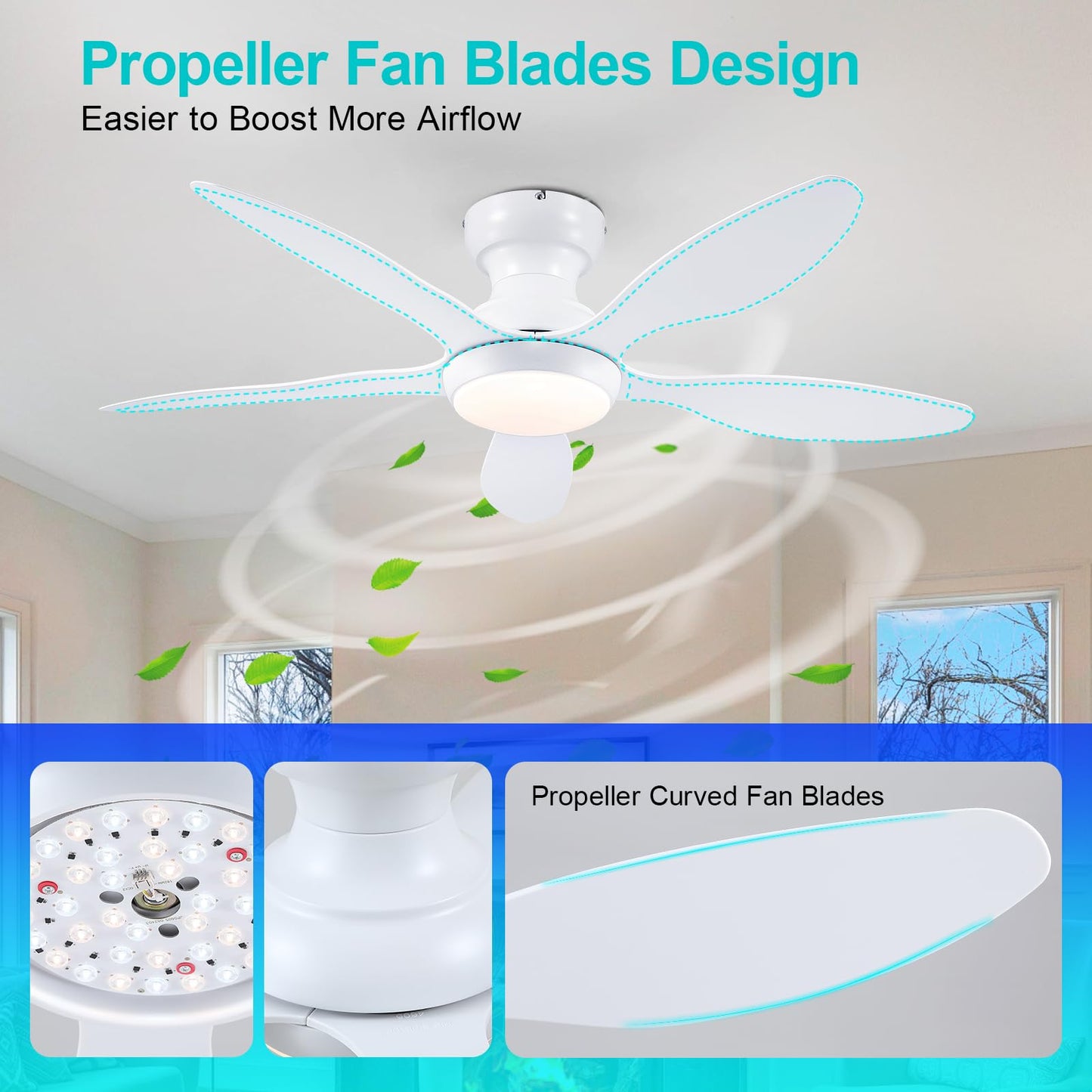 Ceiling Fans with Lights, 51 inch Modern Black Low Profile Ceiling Fan with Light and Remote App Control, Flush Mount, Quiet DC Reversible, Dim Led Ceiling Fan 6 Blade Softer Wind Indoor/Outdoor Patio