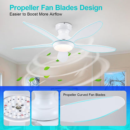 Ceiling Fans with Lights, 51 inch Modern Black Low Profile Ceiling Fan with Light and Remote App Control, Flush Mount, Quiet DC Reversible, Dim Led Ceiling Fan 6 Blade Softer Wind Indoor/Outdoor Patio