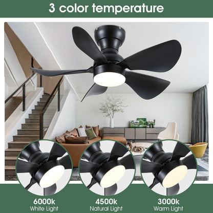 Ceiling Fans with Lights and Remote/APP Control, 30 inch Low Profile Ceiling Fans with 5 Reversible Blades 3 Colors Dimmable 6 Speeds Ceiling Fan for Bedroom Kids Room Dining Room, Black