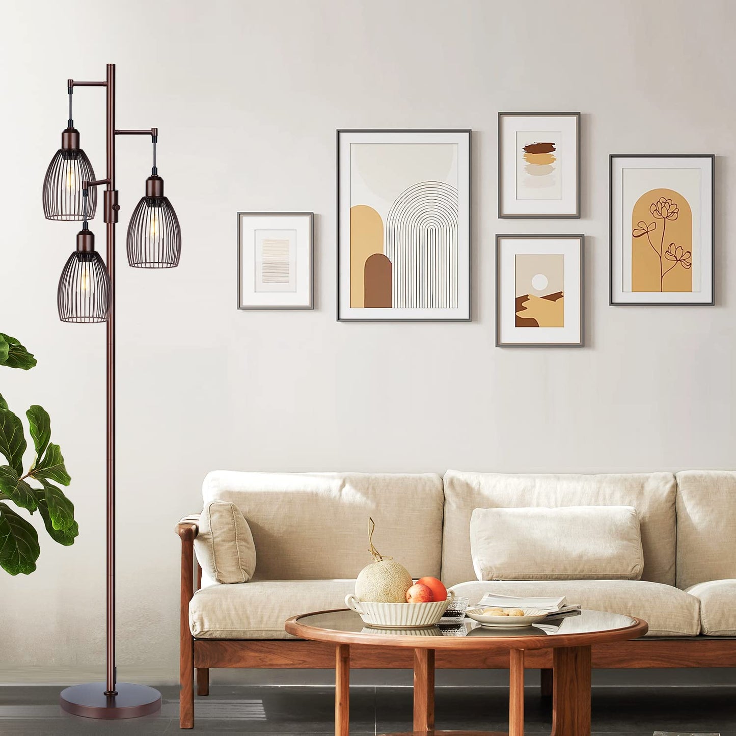 Dimmable Industrial Floor Lamps for Living Room, Gold Tree Standing Tall Lamps with 3 Elegant Teardrop Cage Head & 800 Lumens LED Bulbs for Bedroom Office