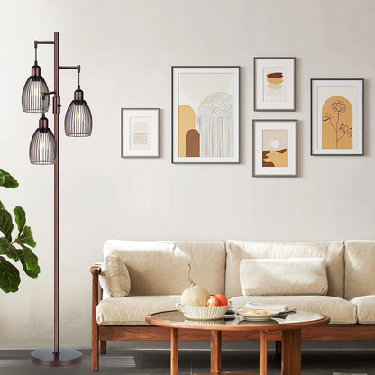 Dimmable Industrial Floor Lamps for Living Room, Gold Tree Standing Tall Lamps with 3 Elegant Teardrop Cage Head & 800 Lumens LED Bulbs for Bedroom Office