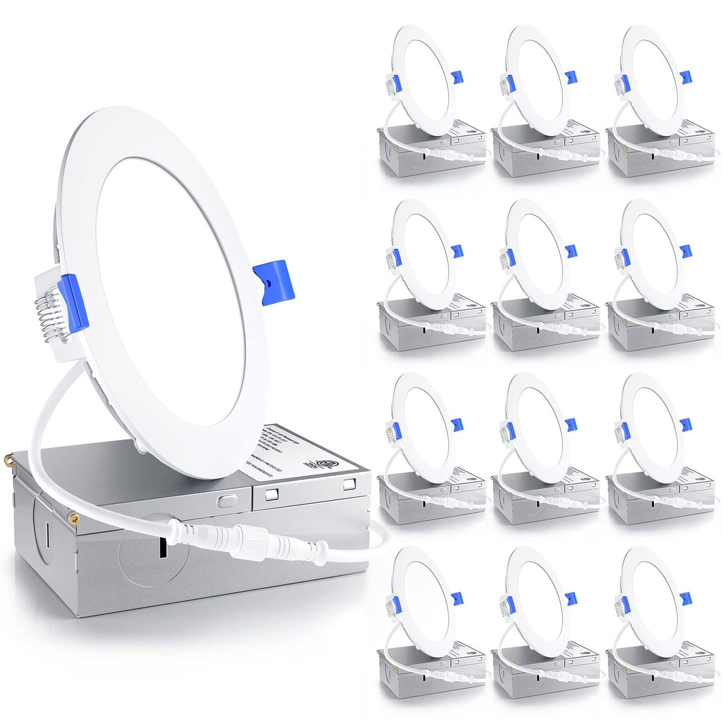 Ensenior 12 Pack 4 Inch LED Recessed Ceiling Light, Dimmable, 2700K-5000K 5CCT, 750LM 9W 120V, High Brightness Canless Wafer Downlight - ETL&FCC&IC