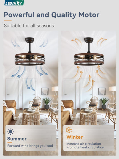 LEDIARY 16.5 inch Black Caged Ceiling Fan with Light, Fandelier Industrial Ceiling Fan with Remote, Farmhouse Fan Lights Ceiling Fixtures for Kitchen, Bedroom, Outdoor（6 Speed, Timing）-Black