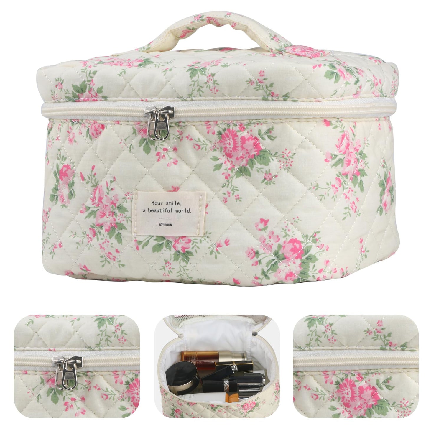 Cute Makeup Bag for Women(2 Pcs), Travel Cosmetic Bags, Quilted Coquette Aesthetic Floral Toiletry Organizer Bag (NavyBlue Flower)