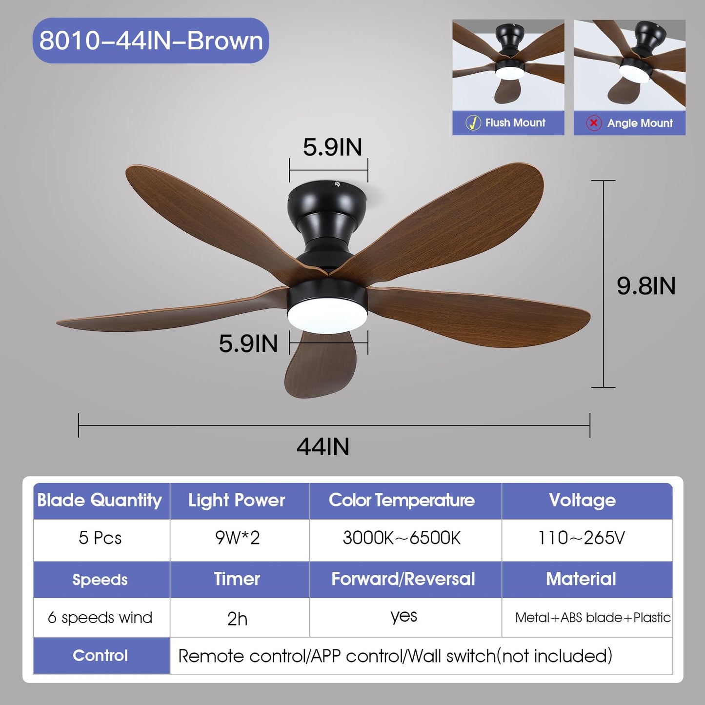 Ceiling Fans with Lights and Remote/APP Control, 30 inch Low Profile Ceiling Fans with 5 Reversible Blades 3 Colors Dimmable 6 Speeds Ceiling Fan for Bedroom Kids Room Dining Room, Black