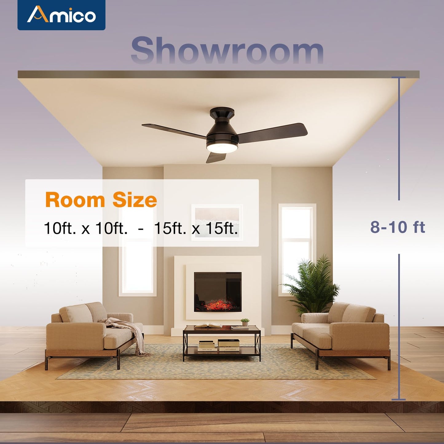 Amico Ceiling Fans with Lights, 42 inch Low Profile Ceiling Fan with Light and Remote Control, Flush Mount, Reversible, 3CCT, Dimmable, Noiseless, White Ceiling Fan for Bedroom, Indoor/Outdoor Use