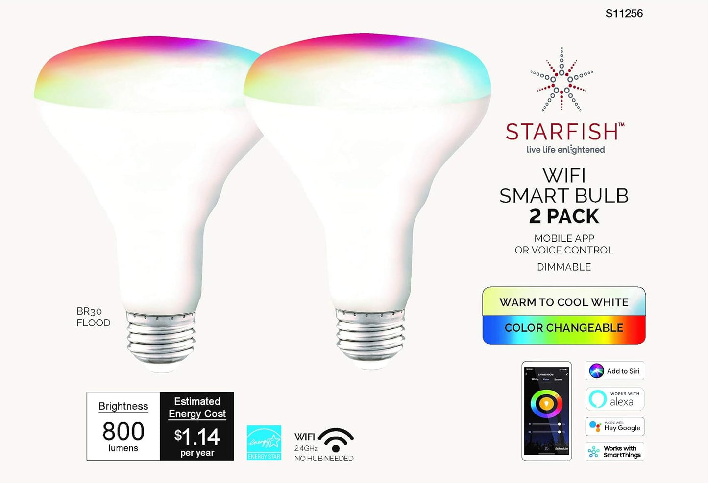 Satco S11256 Starfish BR30 WiFi Smart LED Light Bulb, Works with Siri, Alexa, Google Assistant, SmartThings, 9.5 Watt, 120 Volt, 800 Lumens, Color Changing & Tunable White, 2-Pack