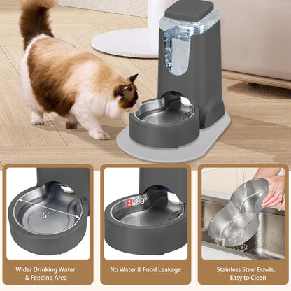 2 Pack Automatic Cat Feeder and Stainless Steel Water Dispenser, Gravity Dog Waterer Set Food Feeder and Waterer Set for Small Medium Kitten Puppy Pets(1 Gallon x 2, Charcoal Gray)