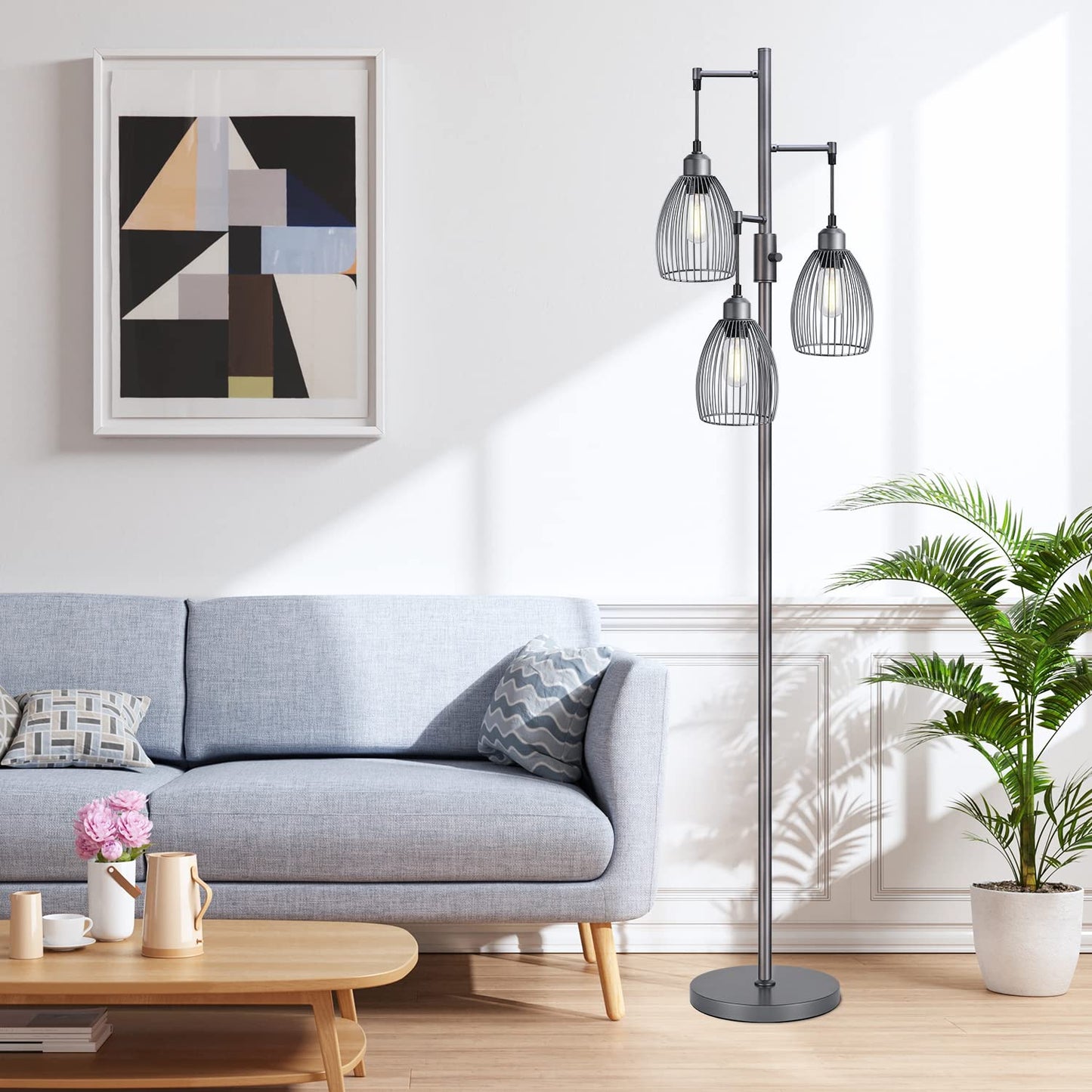 Dimmable Industrial Floor Lamps for Living Room, Gold Tree Standing Tall Lamps with 3 Elegant Teardrop Cage Head & 800 Lumens LED Bulbs for Bedroom Office