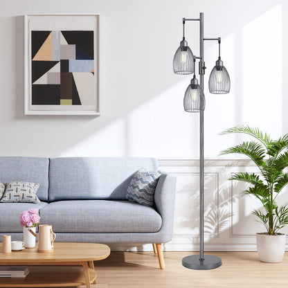 Dimmable Industrial Floor Lamps for Living Room, Gold Tree Standing Tall Lamps with 3 Elegant Teardrop Cage Head & 800 Lumens LED Bulbs for Bedroom Office