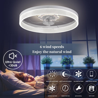 20‘’ Ceiling Fan with Light, Upgraded Low Profile Fan, Flush Mount Ceiling Fan, 6 Speeds, Dimmable LED, App & Remote Control, Quiet DC Motor, for Bedroom, Living Room, F115 White