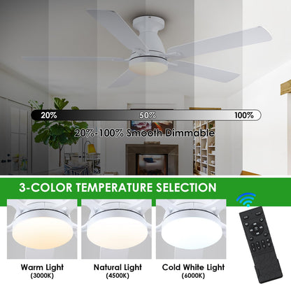 Ceiling Fans with Lights- 52" Low Profile Indoor Ceiling Fan with Light and Remote/APP Control, Flush Mount, LED Dimmable DC Reversible Modern Ceiling Fan for Bedroom（Black）