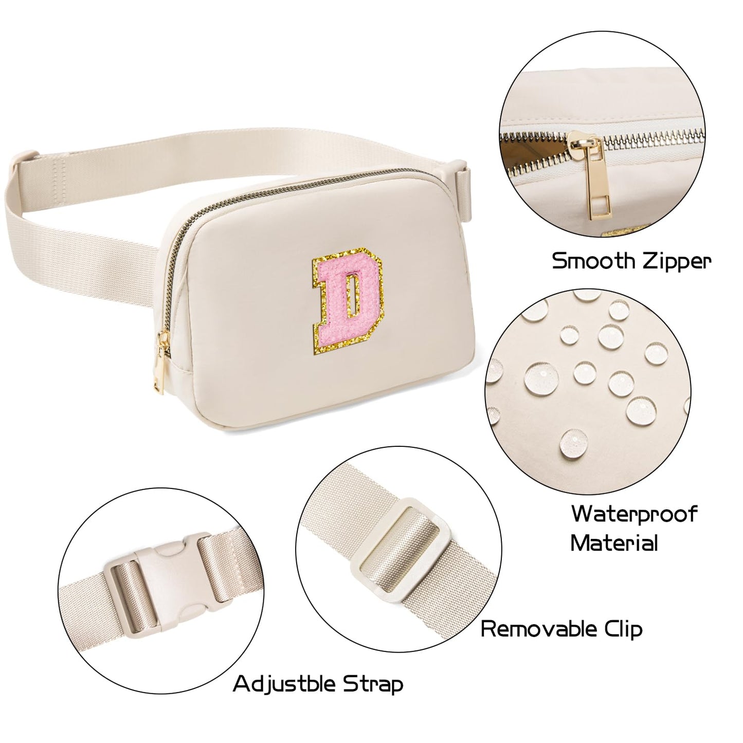 Gitus Belt Bag Fanny Pack Crossbody Bags with Initial Letter Patch Cute Stuff Birthday Gifts for Teenager Girls Cool Stuff for Teens Trendy Preppy Stuff for Teen Girls (Beige-A)