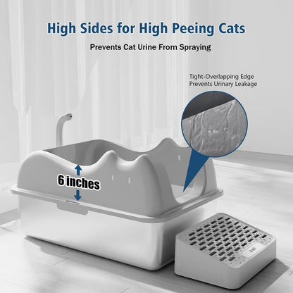 Enclosed Cat Litter Box Stainless Steel with Lid, XL Extra Large Litter Box for Big Cats, Metal High Sided Litter Box with Scoop, Non-Sticky Anti-Leakage Easy Cleaning Gray