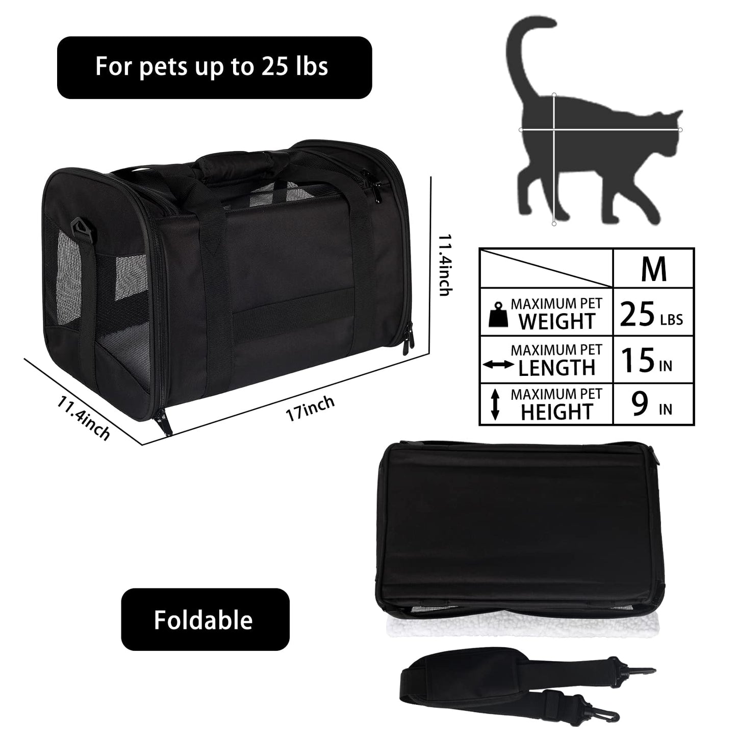 Cat Carrying Case Pet Dog Carrier Soft-Sided Cat Bag Airline Approved, Pet Travel Carrier Up to 15 Lbs, Collapsible Cat Carrier Dog Carrier for Medium Cats Small Cats Dogs(17x11x11 Green)