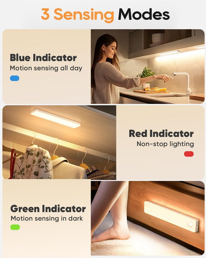 Under Cabinet Lighting, 2 Pack Motion Sensor Light Indoor, Rechargeable Closet Lights Battery Operated, LED Lights for Bedroom, Wireless Dimmable Cabinet Lights, Motion Sensor Step Night Light