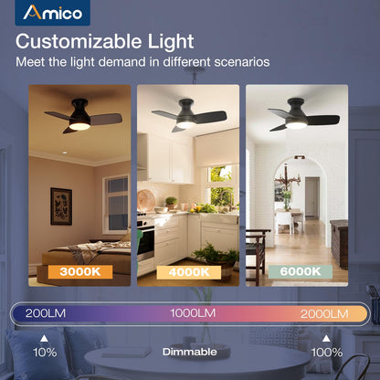 Amico Ceiling Fans with Lights, 42 inch Low Profile Ceiling Fan with Light and Remote Control, Flush Mount, Reversible, 3CCT, Dimmable, Noiseless, White Ceiling Fan for Bedroom, Indoor/Outdoor Use