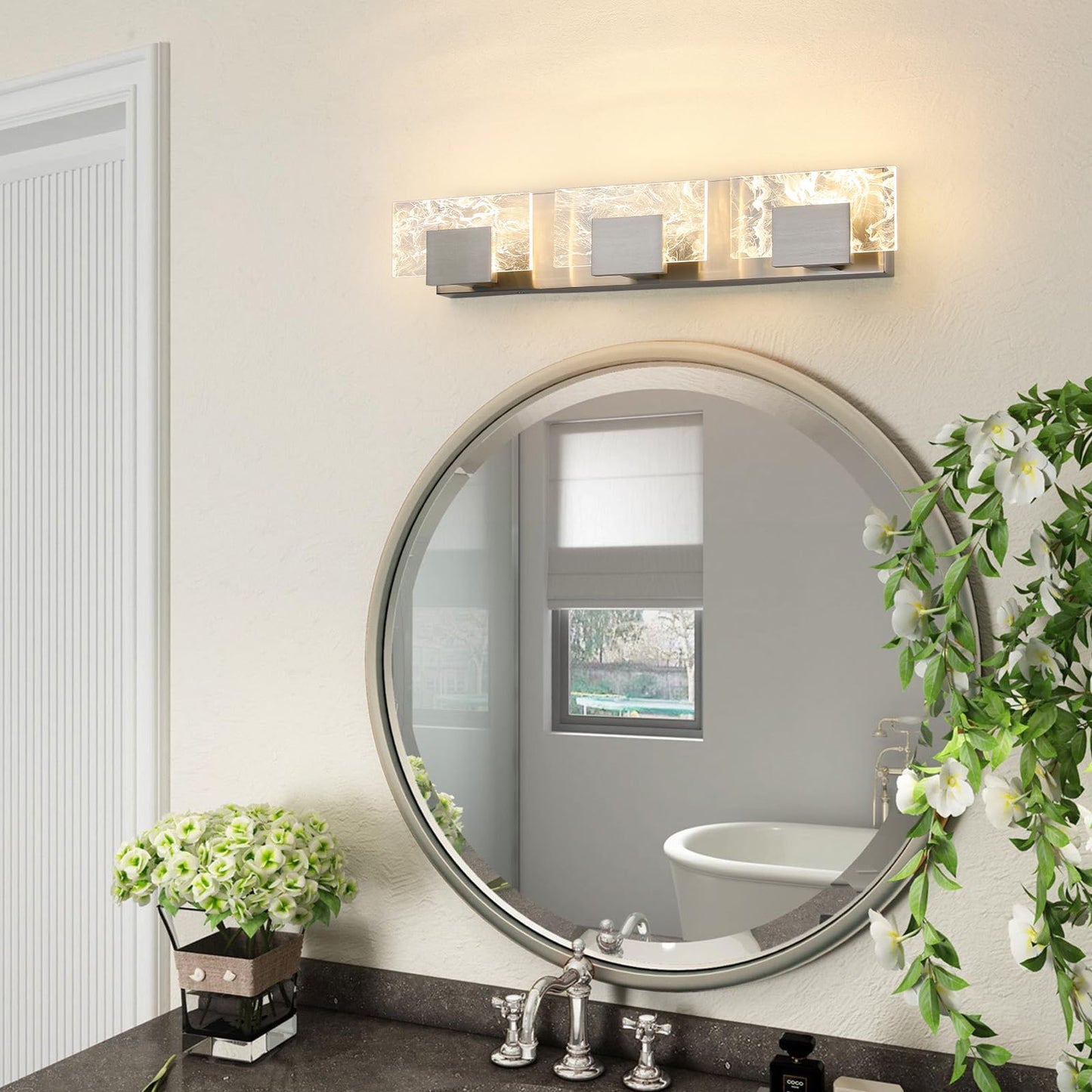 LED Bathroom Vanity Light: 24 inch Brushed Gold Acrylic Modern Lighting Fixtures - 3 Lights Contemporary Smoke Design Wall Lights Fixture Over Mirror 3000K