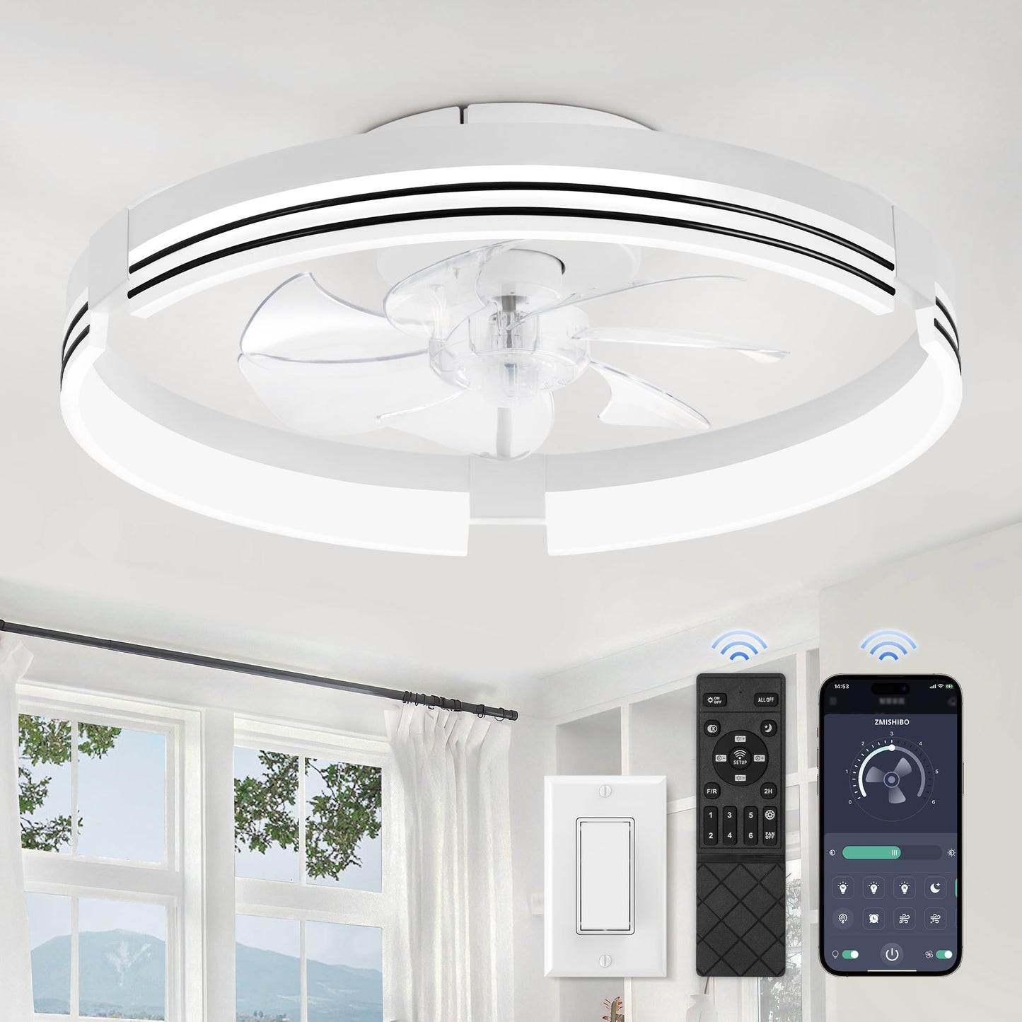 Low Profile Ceiling Fans with Lights and Remote, 20 Inch Flush Mount Ceiling Fan with Light, 3000K-6000K Dimmable Fandelier LED Fan Light, 6 Wind Speeds Black Ceiling Fans for Bedroom