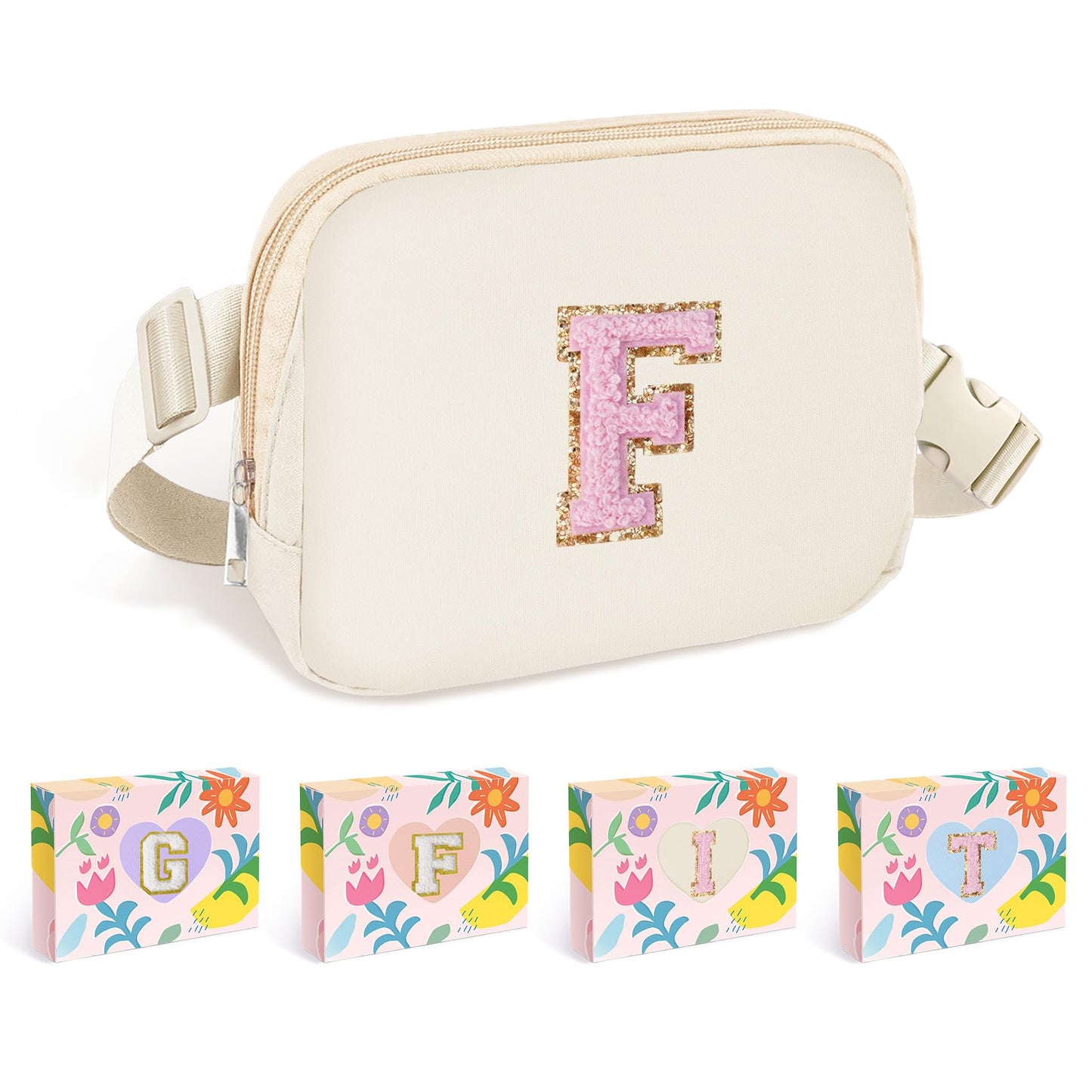 COSHAYSOO Pink Belt Bag Small Waist Fanny Pack Mini Crossbody Purse with Initial Preppy Letter Patch for Teen Girl Women Workout, Cross Body Chest Pouch Trending Birthday Gift Idea (S)