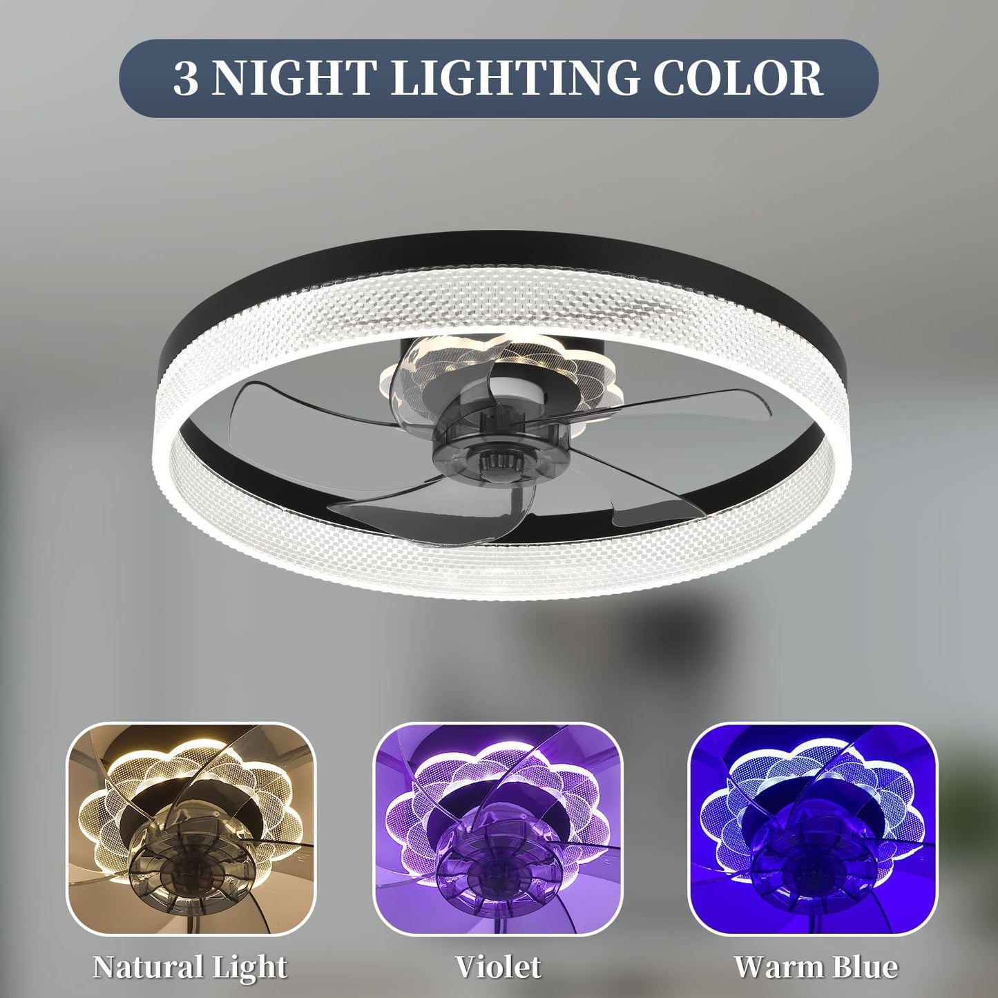 20‘’ Ceiling Fan with Light, Upgraded Low Profile Fan, Flush Mount Ceiling Fan, 6 Speeds, Dimmable LED, App & Remote Control, Quiet DC Motor, for Bedroom, Living Room, F115 White
