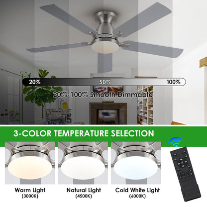 Ceiling Fans with Lights- 46" Low Profile Indoor Ceiling Fan with Light and Remote/APP Control, Flush Mount, LED Dimmable DC Reversible Modern Ceiling Fan for Bedroom（Black）