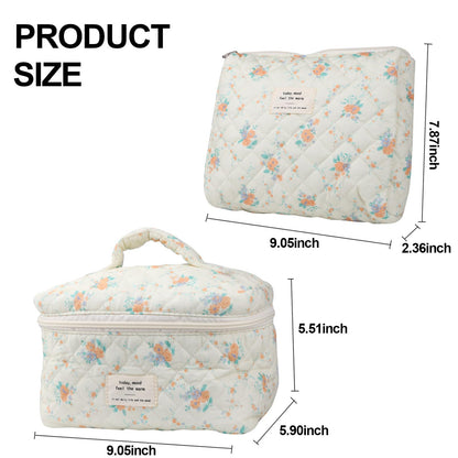 Cute Makeup Bag for Women(2 Pcs), Travel Cosmetic Bags, Quilted Coquette Aesthetic Floral Toiletry Organizer Bag (NavyBlue Flower)