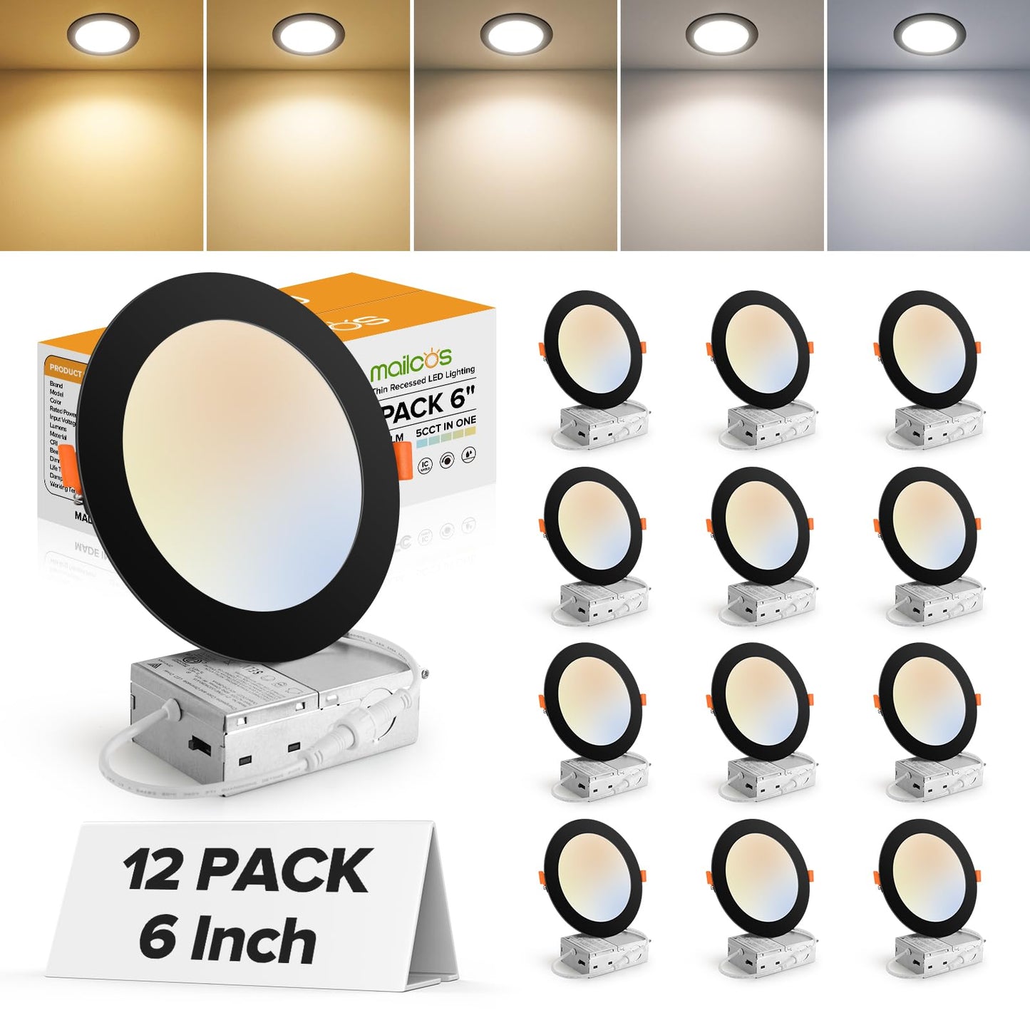 12 Pack 6 Inch 5CCT Ultra-Thin LED Recessed Ceiling Light with Junction Box, 2700K-5000K Selectable, 1050LM High Brightness, Dimmable Canless Wafer Downlight, 12W 120V, ETL