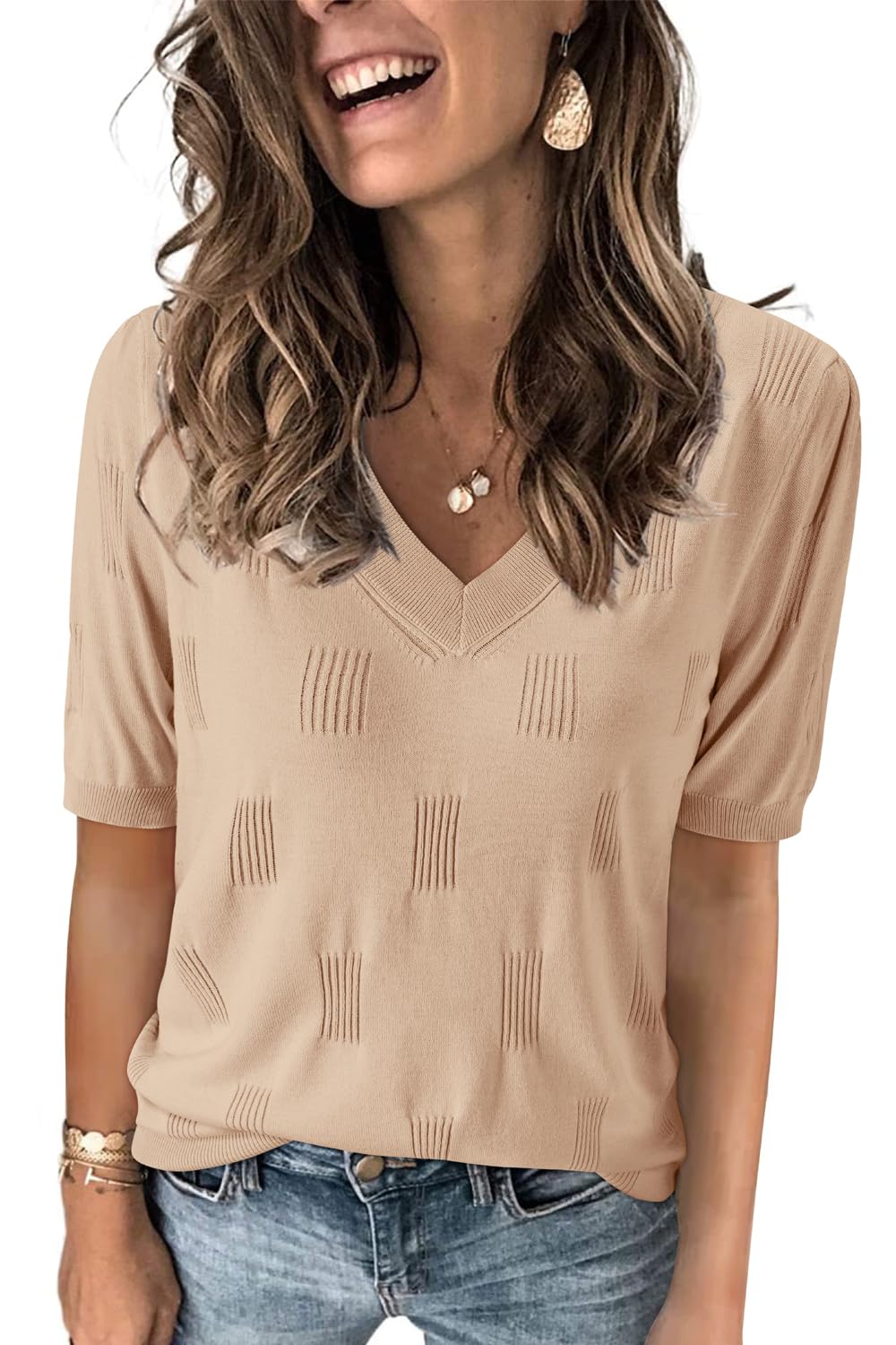 Arach&Cloz Women's Tops 2025 Spring Summer Short Sleeve Sweater Fashion Trendy Dressy Casual Outfit Versatile Knit Blouse