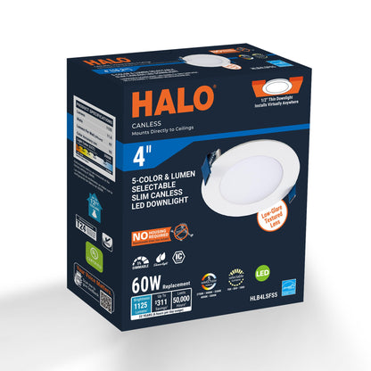 HALO HLB 4-Inch Thin Recessed Indoor/Outdoor Canless LED Downlight w/Selectable Color Temperatures 6-Pack HLB40699FS1EMWR-6PK