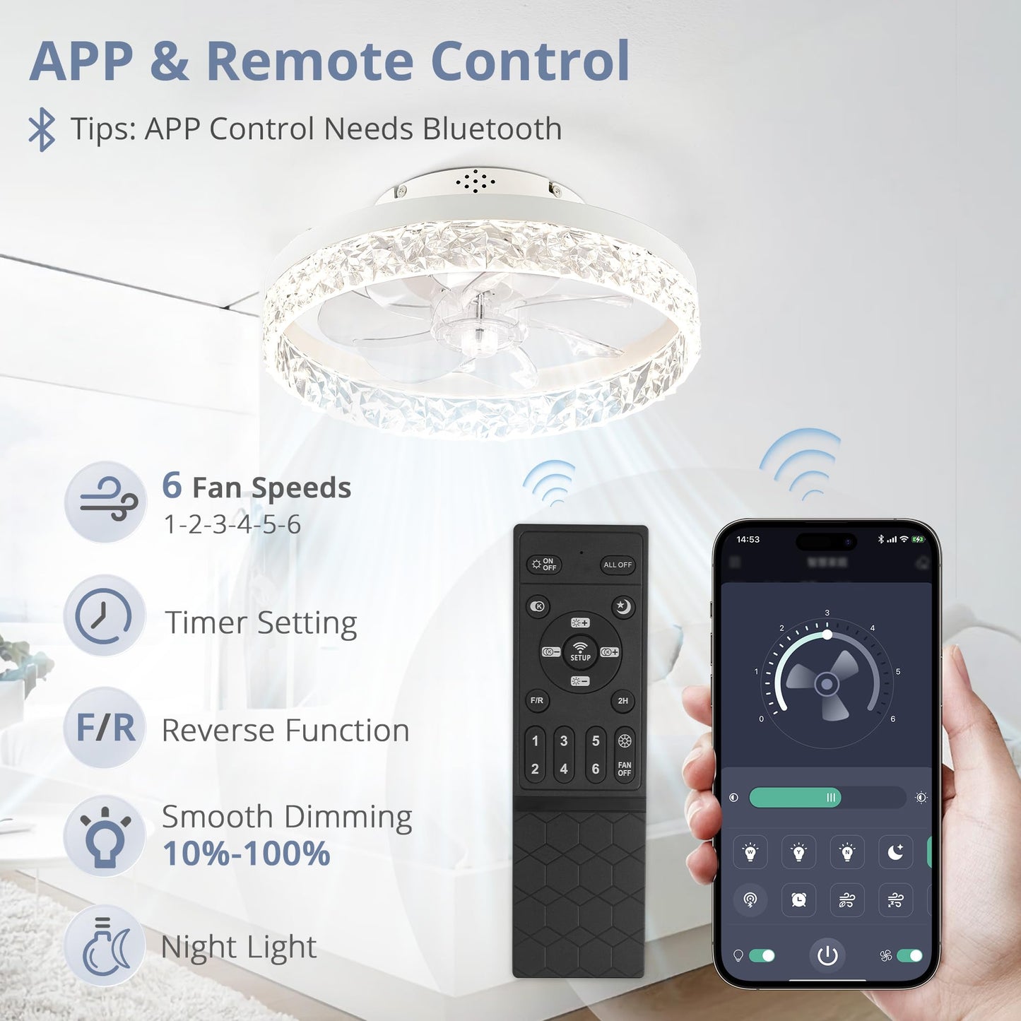 LEDIARY 20" Modern Ceiling Fans with Lights and Remote, Dimmable Low Profile Ceiling Fan, Flush Mount Ceiling Fan, Stepless Color Temperature Change and 6 Speeds - White