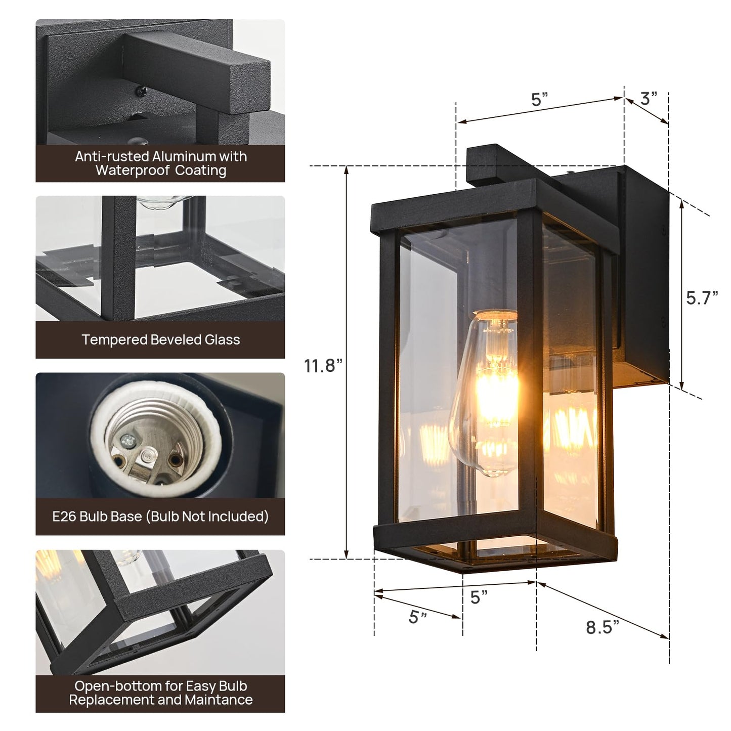 Dusk to Dawn Porch Lights with GFCI Outlets Waterproof Outdoor Wall Lights Exterior Lighting Fixtures Modern Outside Lights Wall Mount for House Patio Garage,Black,11.8''H,1PC