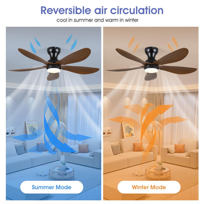 Ceiling Fans with Lights and Remote/APP Control, 30 inch Low Profile Ceiling Fans with 5 Reversible Blades 3 Colors Dimmable 6 Speeds Ceiling Fan for Bedroom Kids Room Dining Room, Black