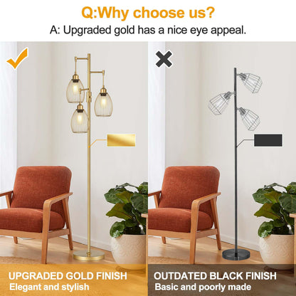 Dimmable Industrial Floor Lamps for Living Room, Gold Tree Standing Tall Lamps with 3 Elegant Teardrop Cage Head & 800 Lumens LED Bulbs for Bedroom Office