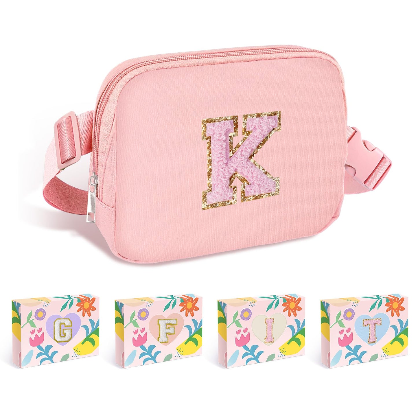 COSHAYSOO Pink Belt Bag Small Waist Fanny Pack Mini Crossbody Purse with Initial Preppy Letter Patch for Teen Girl Women Workout, Cross Body Chest Pouch Trending Birthday Gift Idea (S)