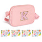 COSHAYSOO Pink Belt Bag Small Waist Fanny Pack Mini Crossbody Purse with Initial Preppy Letter Patch for Teen Girl Women Workout, Cross Body Chest Pouch Trending Birthday Gift Idea (S)
