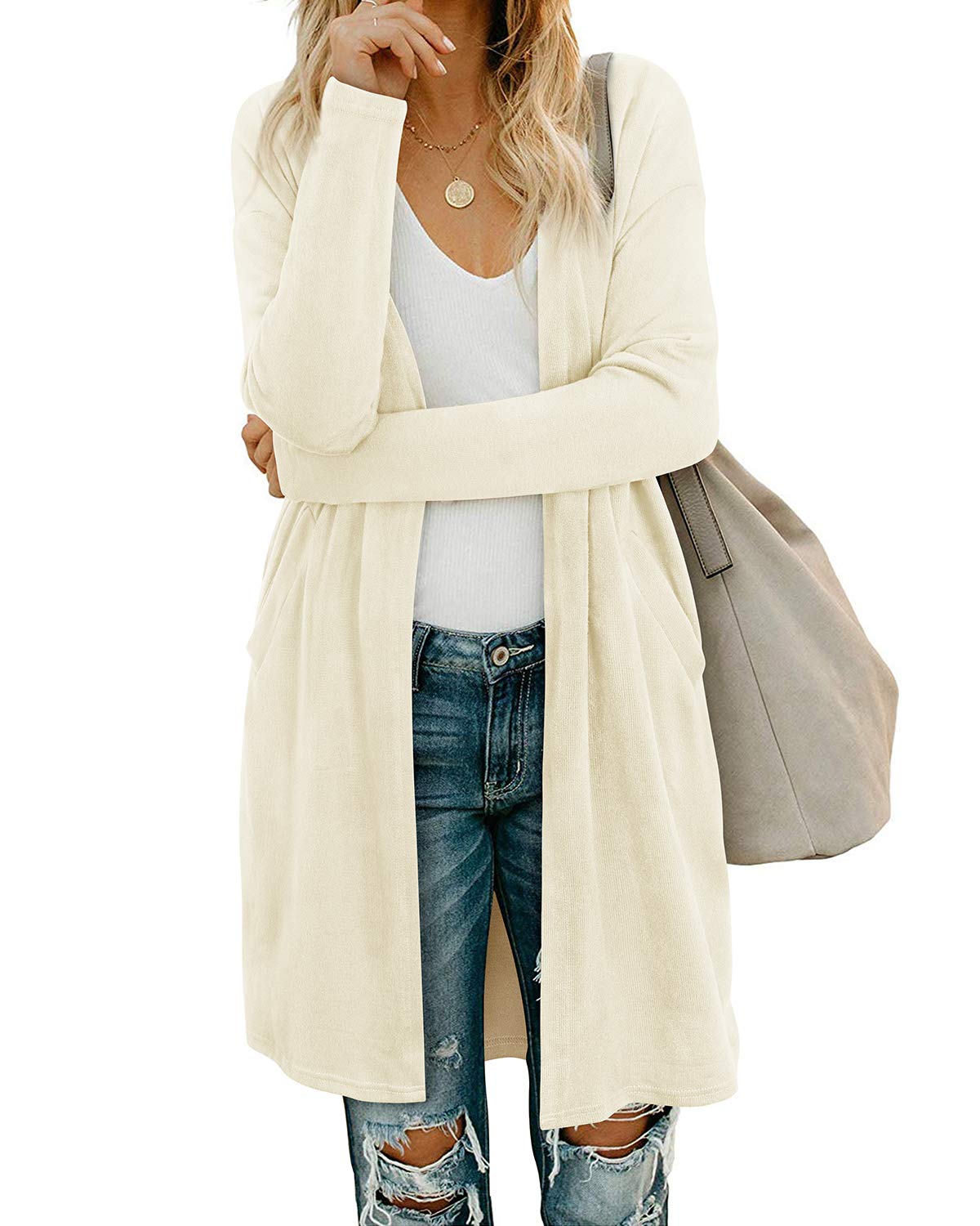 OUGES Women's Open Front Cardigan Shirt with Pockets Long Sleeve Lightweight Coat