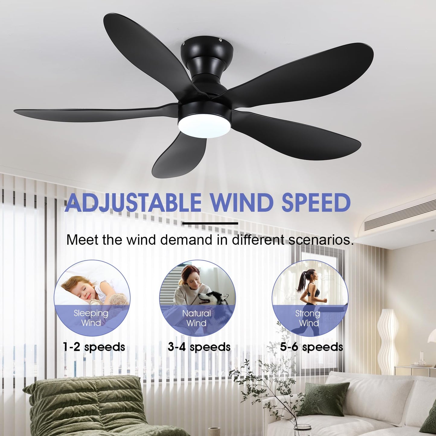 Ceiling Fans with Lights and Remote/APP Control, 30 inch Low Profile Ceiling Fans with 5 Reversible Blades 3 Colors Dimmable 6 Speeds Ceiling Fan for Bedroom Kids Room Dining Room, Black