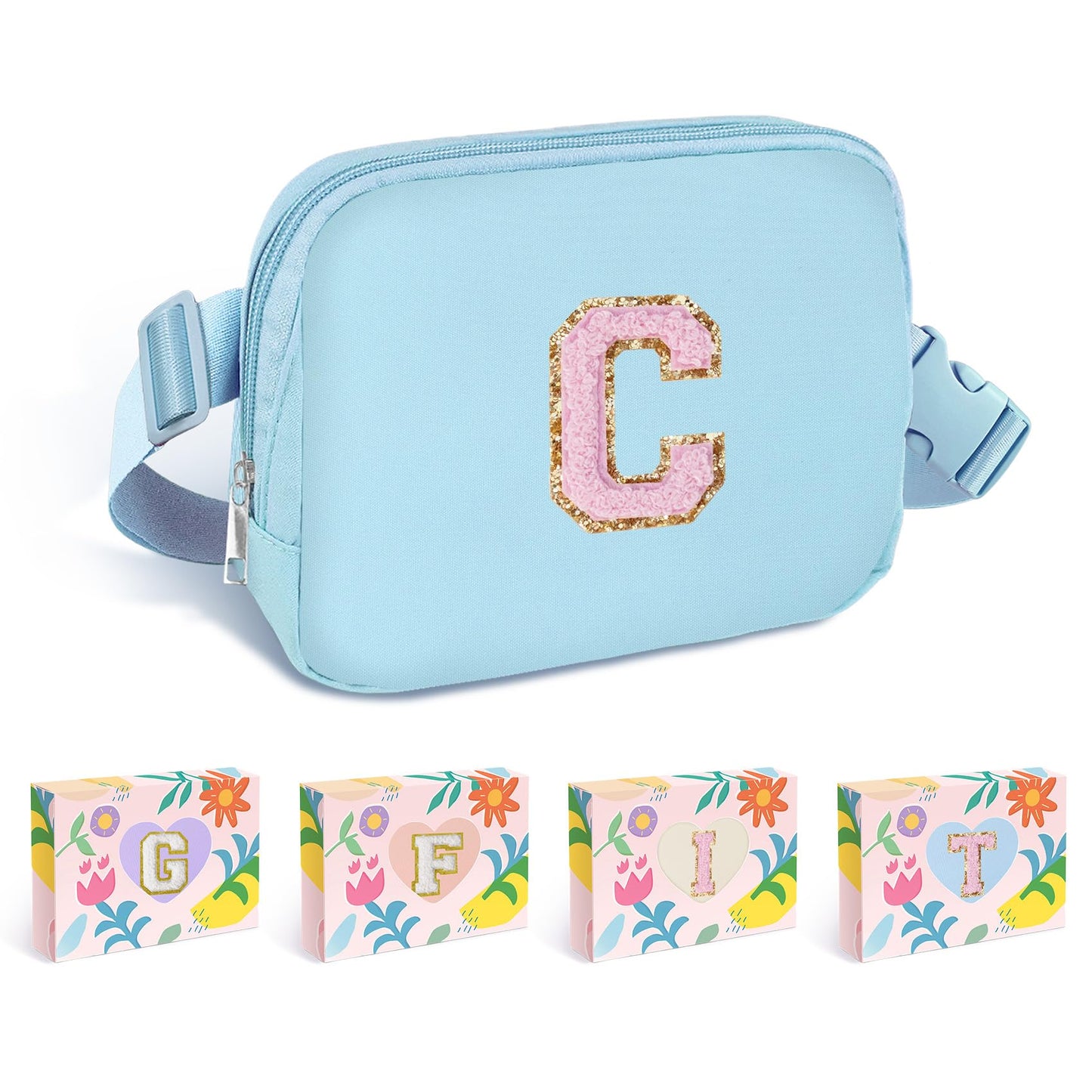 COSHAYSOO Pink Belt Bag Small Waist Fanny Pack Mini Crossbody Purse with Initial Preppy Letter Patch for Teen Girl Women Workout, Cross Body Chest Pouch Trending Birthday Gift Idea (S)