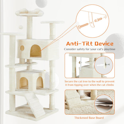 Sweetcrispy 54-Inch Cat Tree Tower – Multi-Level with Sisal Scratching Post, Perfect Pet Gift, Indoor Condo with Climbing Ladder, Plush Toy, and More Animal Stuff, Light Grey