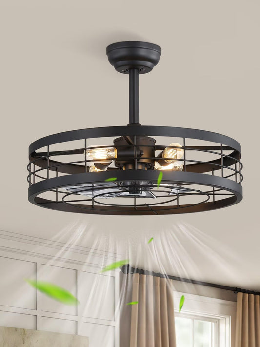 LEDIARY 16.5 inch Black Caged Ceiling Fan with Light, Fandelier Industrial Ceiling Fan with Remote, Farmhouse Fan Lights Ceiling Fixtures for Kitchen, Bedroom, Outdoor（6 Speed, Timing）-Black