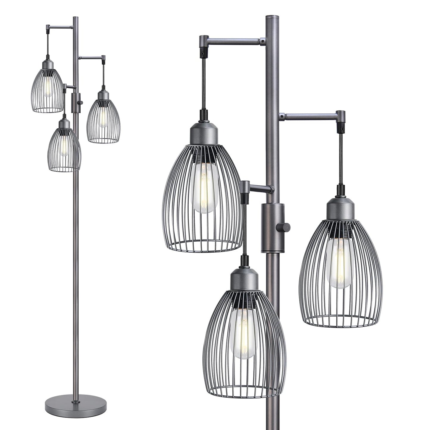 Dimmable Industrial Floor Lamps for Living Room, Gold Tree Standing Tall Lamps with 3 Elegant Teardrop Cage Head & 800 Lumens LED Bulbs for Bedroom Office
