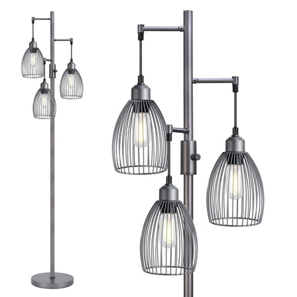 Dimmable Industrial Floor Lamps for Living Room, Gold Tree Standing Tall Lamps with 3 Elegant Teardrop Cage Head & 800 Lumens LED Bulbs for Bedroom Office