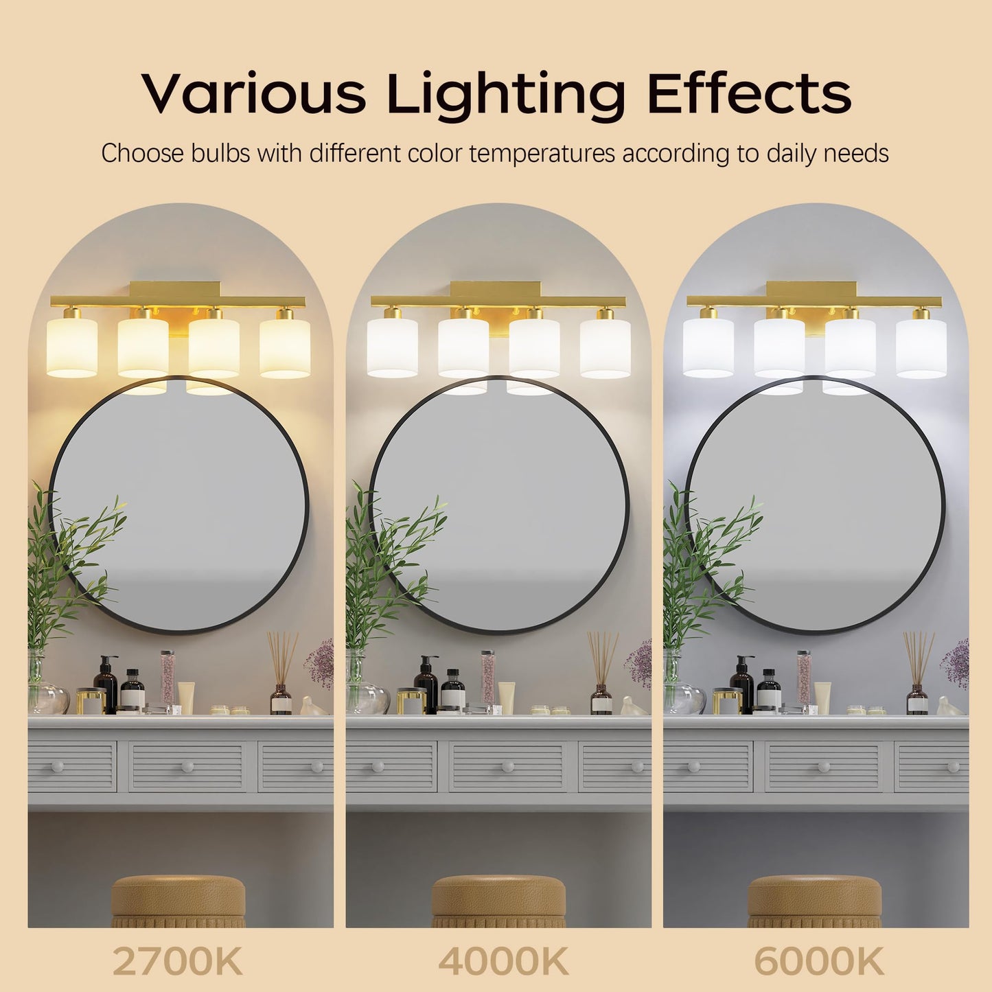 PARTPHONER Bathroom Light Fixtures, Bathroom Lighting Fixtures Over Mirror, Interior Classic Vanity Lights, Modern Bathroom Vanity Light with Textured White Glass Shade, Brushed Nickel, 3-Light